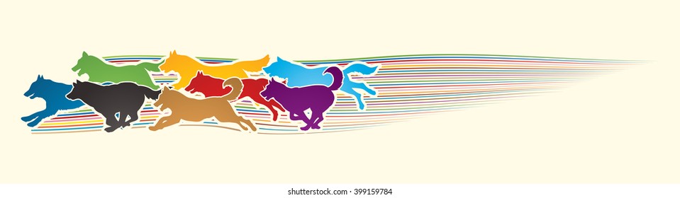 Dogs running designed using colorful graphic with line rainbows vector.