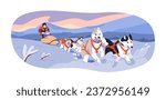 Dogs running in harnesses, people in sled sleigh. Riding sleddogs in snow, winter holiday at North Pole. Dogsledding, northern canine travel. Flat vector illustration isolated on white background