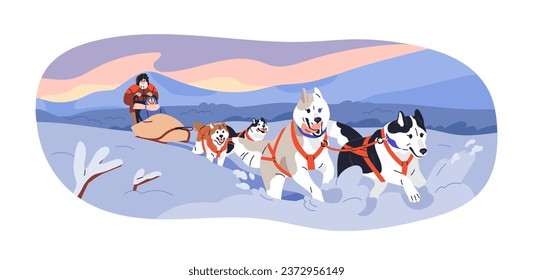 Dogs running in harnesses, people in sled sleigh. Riding sleddogs in snow, winter holiday at North Pole. Dogsledding, northern canine travel. Flat vector illustration isolated on white background