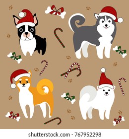 Dogs in Santa hats. Alaska husky malamute breed. French bulldog. Christmas card with candy canes and bow