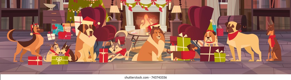 Dogs In Santa Hats In Living Room With Decorated Pine Tree, Merry Christmas And Happy New Year Holiday Poster Design Flat Vector Illustration