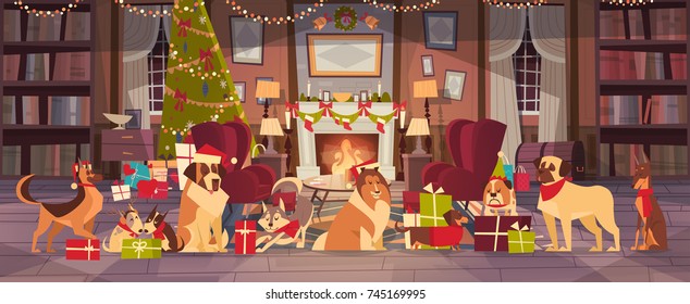 Dogs In Santa Hats In Living Room With Decorated Pine Tree, Merry Christmas And Happy New Year Holiday Poster Design Flat Vector Illustration