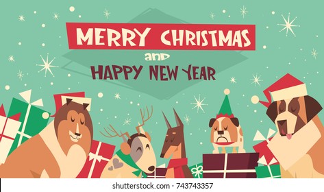 Dogs In Santa Hats On Merry Christmas And Happy New Year Greeting Card Holiday Poster Design Flat Vector Illustration