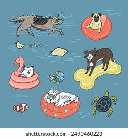 Dogs sea summer relax illustrations set.