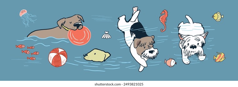 Dogs sea summer relax illustrations vector set.