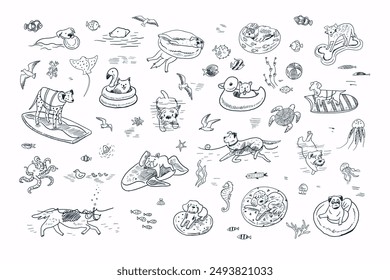 Dogs sea summer relax illustrations set.