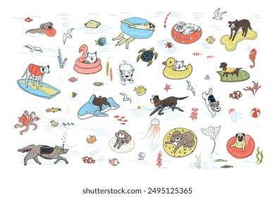 Dogs sea summer relax in lifebuoy, pool illustrations set.