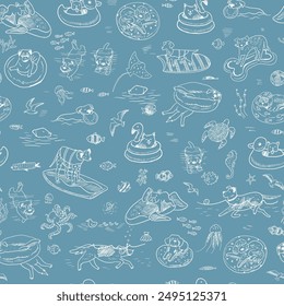 Dogs sea summer relax swimming with fish vector line seamless pattern.