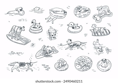 Dogs sea summer swimming pool relax line illustrations set.