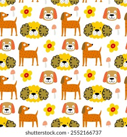 Dogs seamless pattern. Childish seamless pattern with funny creative dogs. Trendy scandinavian vector background. Perfect for kids apparel,fabric, textile, nursery decoration,wrapping paper