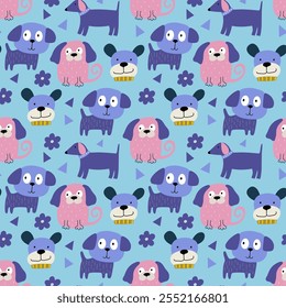 Cães padrão sem costura. Padrão infantil sem emenda com cães criativos engraçados. Fundo de vetor escandinavo moderno. Perfeito para roupas infantis, tecidos, têxteis, decoração de berçário, papel de embrulho