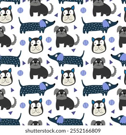 Dogs seamless pattern. Childish seamless pattern with funny creative dogs. Trendy scandinavian vector background. Perfect for kids apparel,fabric, textile, nursery decoration,wrapping paper