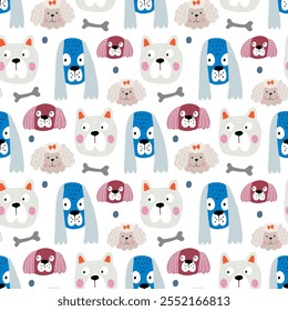 Dogs seamless pattern. Childish seamless pattern with funny creative dogs. Trendy scandinavian vector background. Perfect for kids apparel,fabric, textile, nursery decoration,wrapping paper