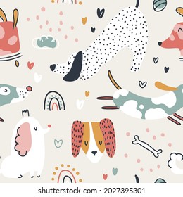 Dogs seamless pattern. Cute animals in simple naive hand-drawn Scandinavian trendy cartoon style. Ideal for a nursery, baby clothes, textiles, packaging. Vector background