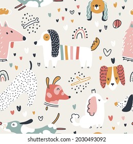 Dogs seamless pattern. Cute animals in simple naive hand-drawn Scandinavian trendy cartoon style. Ideal for a nursery, baby clothes, textiles, packaging. Vector background