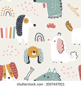 Dogs seamless pattern. Cute animals in simple naive hand-drawn Scandinavian trendy cartoon style. Ideal for a nursery, baby clothes, textiles, packaging. Vector background