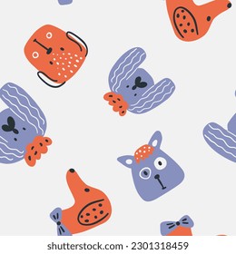 Dogs seamless pattern. Cute animals in simple naive hand-drawn Scandinavian trendy cartoon style. Ideal for a nursery, baby clothes, textiles, packaging.