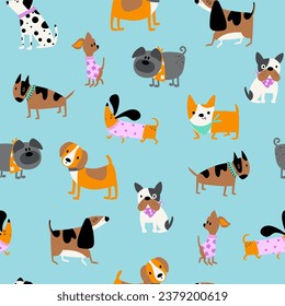 Dogs seamless pattern. Cute animals of different breeds hand-drawn in a cartoon style. Perfect for decor, kids apparel, wrapping paper or fabric and textile. Vector illustration.