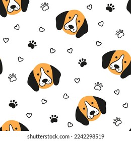 Dogs seamless pattern with face of Beagle. Texture with dog heads. Hand drawn vector illustration in doodle style on white background.