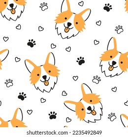 Dogs seamless pattern with face of Corgi. Texture with dog heads. Hand drawn vector illustration in doodle style on white background.