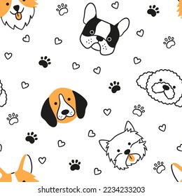 Dogs seamless pattern with face of different breeds. Corgi, Beagle, French bulldog, Poodle. Texture with dog heads. Hand drawn vector illustration in doodle style on white background.