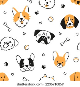 Dogs seamless pattern with face of different breeds. Corgi, Beagle, Chihuahua, Poodle. Texture with dog heads. Hand drawn vector illustration in doodle style on white background