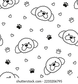 Dogs seamless pattern with face of Poodle. Texture with dog heads. Hand drawn vector illustration in doodle style on white background.
