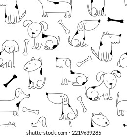 Dogs seamless pattern. Hand drawn different dogs. Hand drawn vector illustration in doodle style on white background