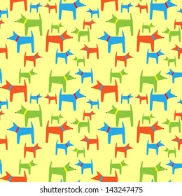 Dogs seamless pattern. Multi-colored dogs on a yellow background.