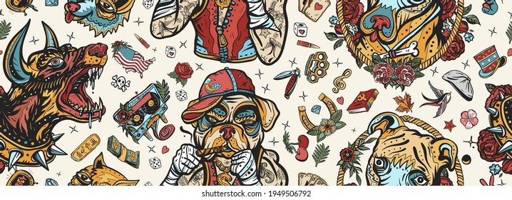 Dogs. Seamless pattern. Old school tattoo vector style. Evil doberman, street crime boxer bulldog, honey staffordshire terrier. Canine background. Pop culture style. Cartoon character 