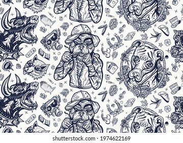 Dogs. Seamless pattern. Old school tattoo vector style. Pop culture style. Cartoon character. Evil doberman, street crime boxer bulldog, honey staffordshire terrier. Canine background