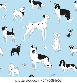 Dogs seamless pattern on blue background. Vector modern cartoon illustration of German Shepherd, Beagle, Chihuahua, Dalmatian and others for fabric or wrapping paper