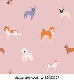 Dogs seamless pattern on pink background. Shiba Inu, Bichon, French Bulldog and more breeds in flat vector style