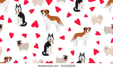 Dogs seamless pattern. Pet love texture. Vector cute dogs and hearts background