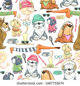 dogs, seamless pattern, vector illustration, shepherd, pug, bulldog, commander, labrador, poodle, dachshund, clothes, brush, bowl