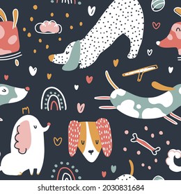 Dogs seamless vector pattern. Cute animals in simple naive hand-drawn Scandinavian trendy cartoon style. Colorful characters on a dark background. Ideal for a nursery, baby clothes, textiles