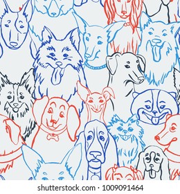 Dogs seamless vector pattern. Illustration with bulldog, bobtail, dachshund, bullterrier, doberman, spitz, chihuahua