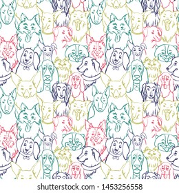 Dogs seamless vector pattern. Illustration with bulldog, bobtail, dachshund, bullterrier, doberman, spitz, chihuahua