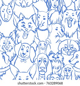 Dogs seamless vector pattern. Illustration with bulldog, bobtail, dachshund, bullterrier, doberman, spitz, chihuahua