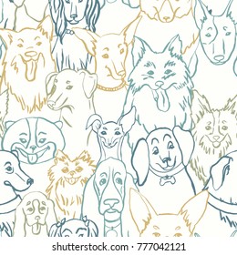 Dogs seamless vector pattern. Illustration with bulldog, bobtail, dachshund, bullterrier, doberman, spitz, chihuahua