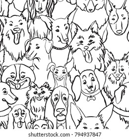 Dogs seamless vector pattern. Illustration with bulldog, bobtail, dachshund, bullterrier, doberman, spitz, chihuahua