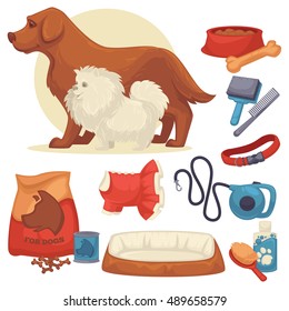 Dogs Set of accessories for dogs. Collection of pet symbol. domestic animal icons: bowl, bone, canine food, leash and grooming accessories. Cartoon style. Vector illustration isolated on white