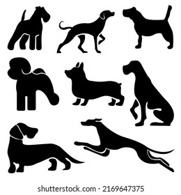 dogs set collection silhouette. Vector illustration of various dog breeds such as corgi doberman beagle. Isolated on white