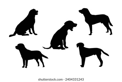 Dogs set collection silhouette. Vector illustration of various dog breeds such as corgi doberman beagle. Isolated on white	