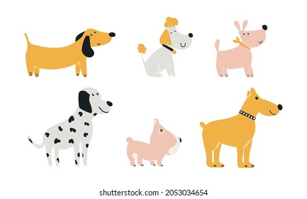 dogs set. Cute, cartoonish, stylized pets. Original clip-art for the design of baby products. Vector illustration, doodle