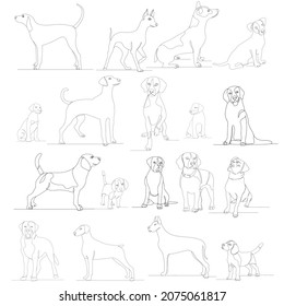 dogs set drawing one continuous line vector, isolated