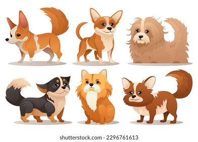 Dogs set. A flat and cartoonish set of design dogs and puppies on a white background. Vector illustration.