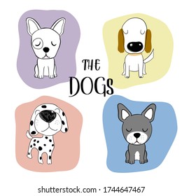 The dogs set. Hand drawn of cute dogs on violet, yellow, blue, orange pastel colors. Vector illustration art.