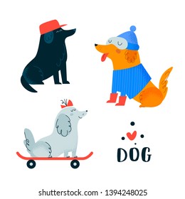 Dogs Set. Love Animal. Dog, Terrier, Greyhound, Labrador, Pekingese, Dachshund, Poodle. Flat Cartoon Character Illustration. Ideal For Game, Book, T-shirt, Card, Print, Poster, Decoration, Textile