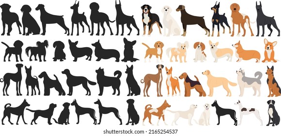 dogs set silhouette on white background, isolated, vector